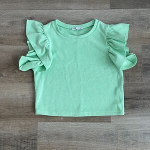 Zara Size S Light Green Ruffle Sleeve Sweater Top Cropped Crew Neck